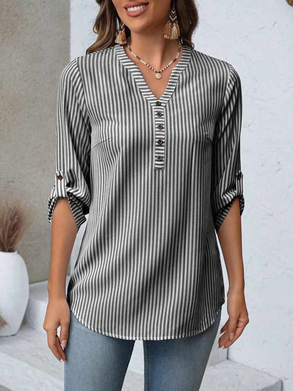 Vertical stripe V-neck blouse with roll-up sleeves and button detail