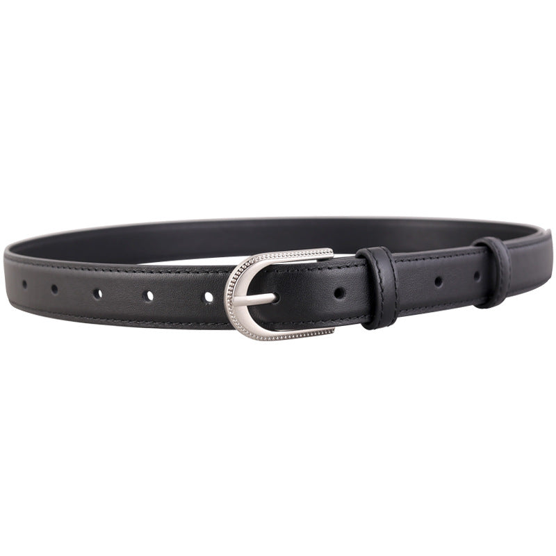 Black leather belt with rhinestone buckle and silver hardware.