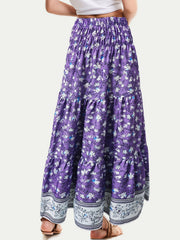 Purple floral maxi tiered skirt with smocked waist and border print hem.