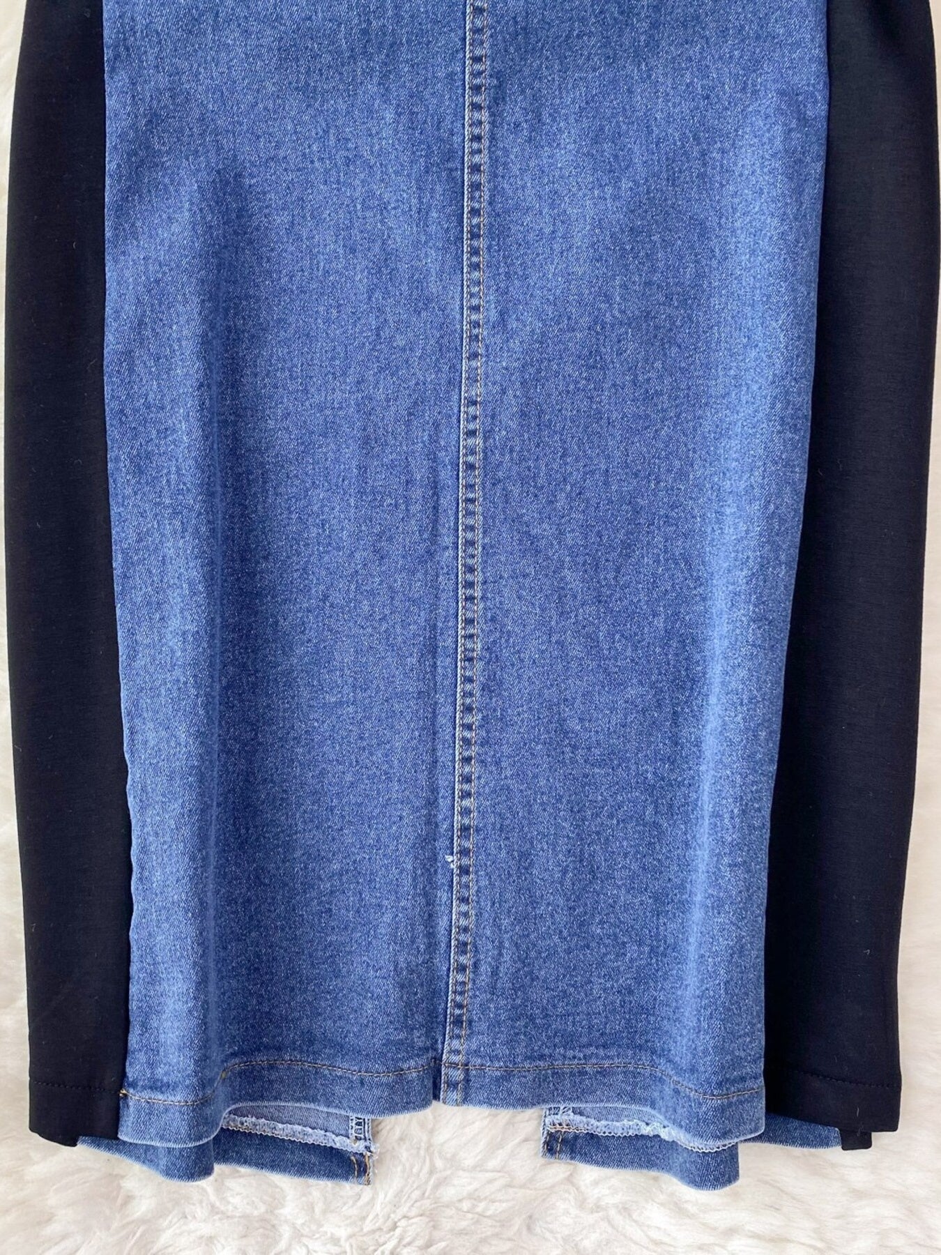 Denim patchwork dress with black sleeves, button-down detail