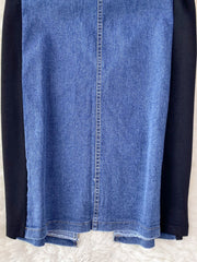 Denim patchwork dress with black sleeves, button-down detail