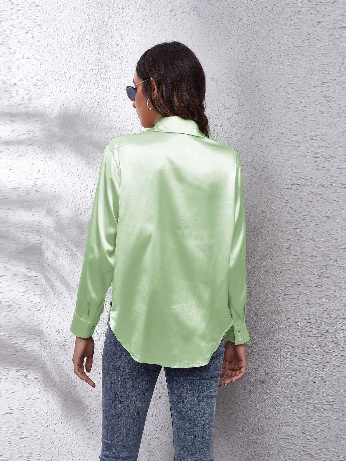 Luxe satin collared button-down shirt in light green, long sleeves, curved hem
