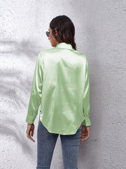 Luxe satin collared button-down shirt in light green, long sleeves, curved hem
