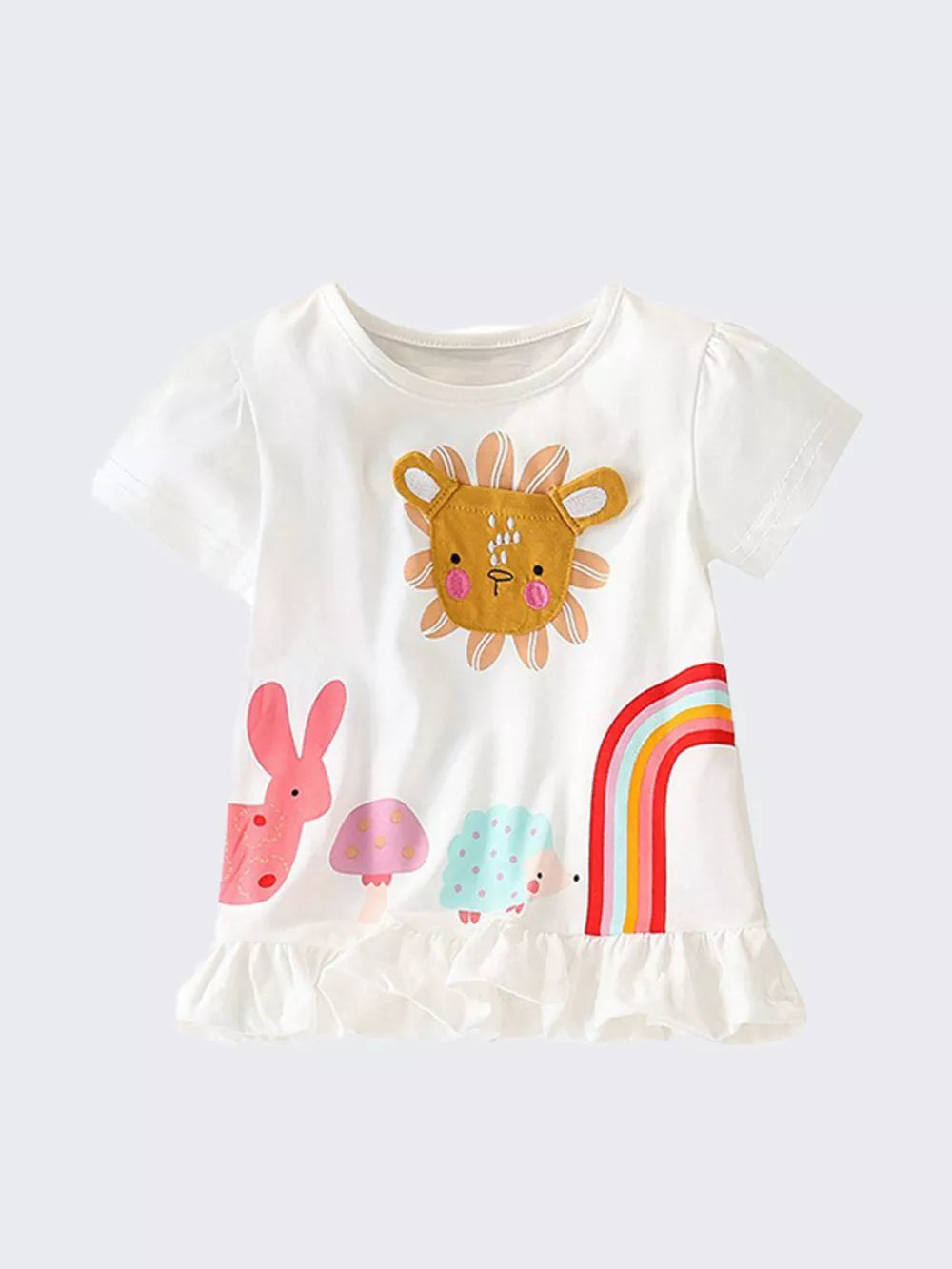 White cotton t-shirt with playful animal graphics, rainbow, and ruffle hem.