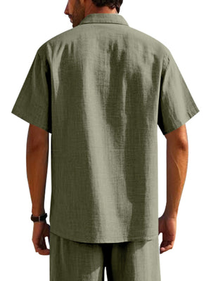 Classic short sleeve button-down shirt in military green, collared with a breathable fabric.