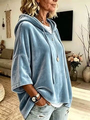 Velvet Loose Fit Hoodie With Drawstring in Khaki, side view