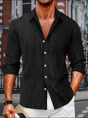 Black textured weave relaxed fit button-down shirt with white buttons