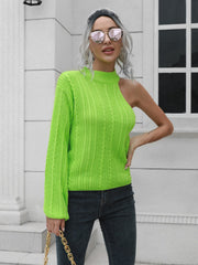Neon green asymmetric cable knit sweater with one shoulder cutout and mock neck.