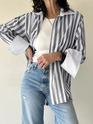 Striped Button-up Long Sleeve Shirt in Gray, model styling view