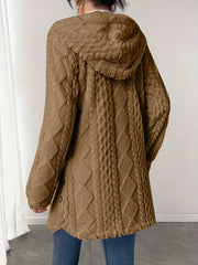 Camel textured hooded coat with cable knit pattern and button detail.