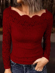 Off-shoulder Long Sleeve Lace Blouse Plus Size in Black, back view