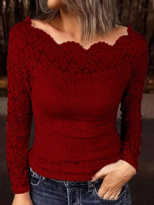 Off-shoulder Long Sleeve Lace Blouse Plus Size in Black, back view