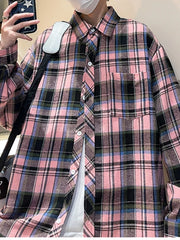 Casual pink plaid long-sleeve buttoned shirt with a chest pocket.