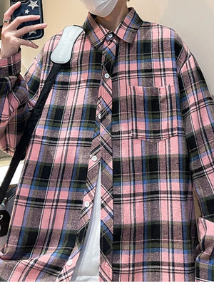 Casual pink plaid long-sleeve buttoned shirt with a chest pocket.