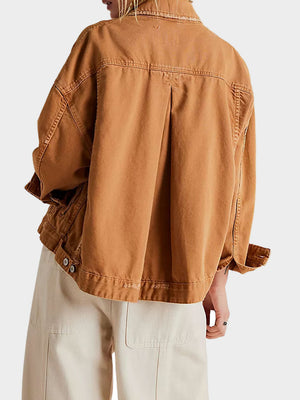 Oversized caramel washed cotton utility jacket with button details and a boxy fit.
