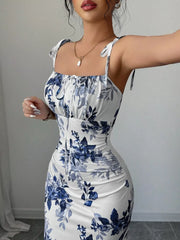 Floral print tie strap maxi dress in Peacock Blue with ruched detailing and a square neckline.