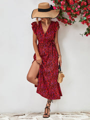 Deep Red wrap midi dress with flutter sleeves and a belted waist, featuring an abstract animal print.