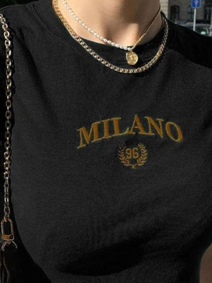 Black cropped t-shirt with crew neck and embroidered MILANO 96 detail