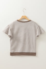 Brown striped tee with contrast neckline, cuffs, and flounce sleeves.