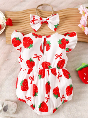 Baby girls' white cotton ruffle one-piece with red strawberry print and matching bow headband.