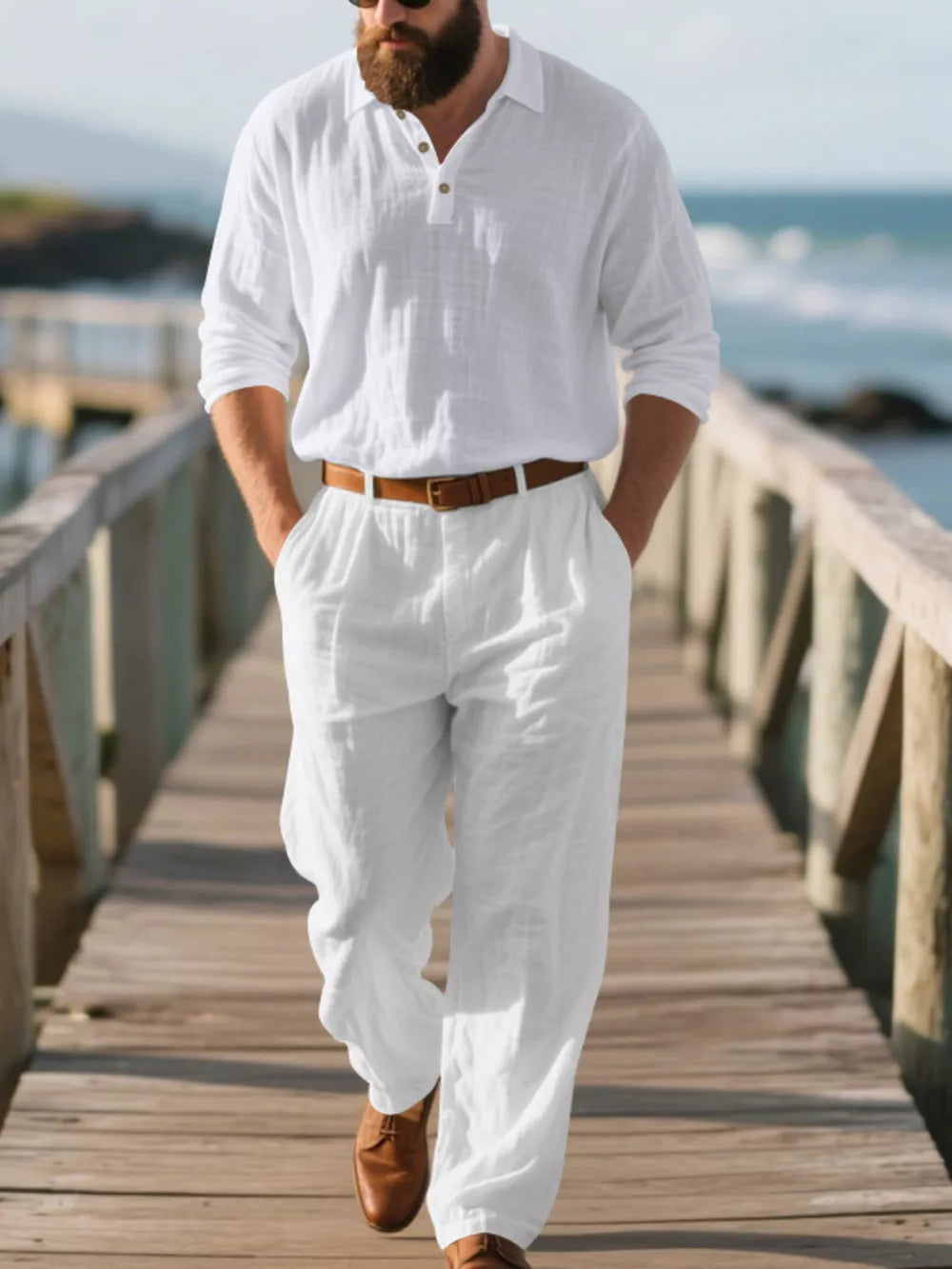 White linen blend long sleeve collared top and pants set for men, casual breathable outfit.