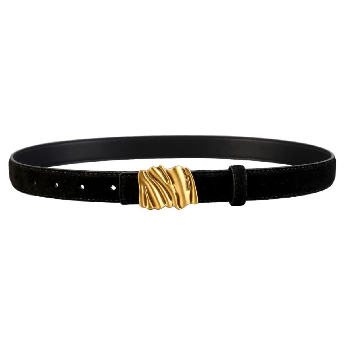 Black cowhide leather belt with abstract gold buckle detail