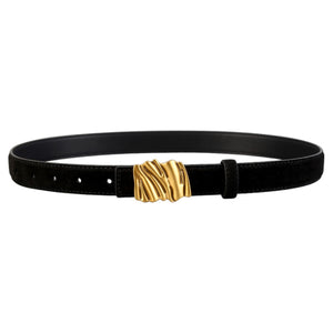 Black cowhide leather belt with abstract gold buckle detail