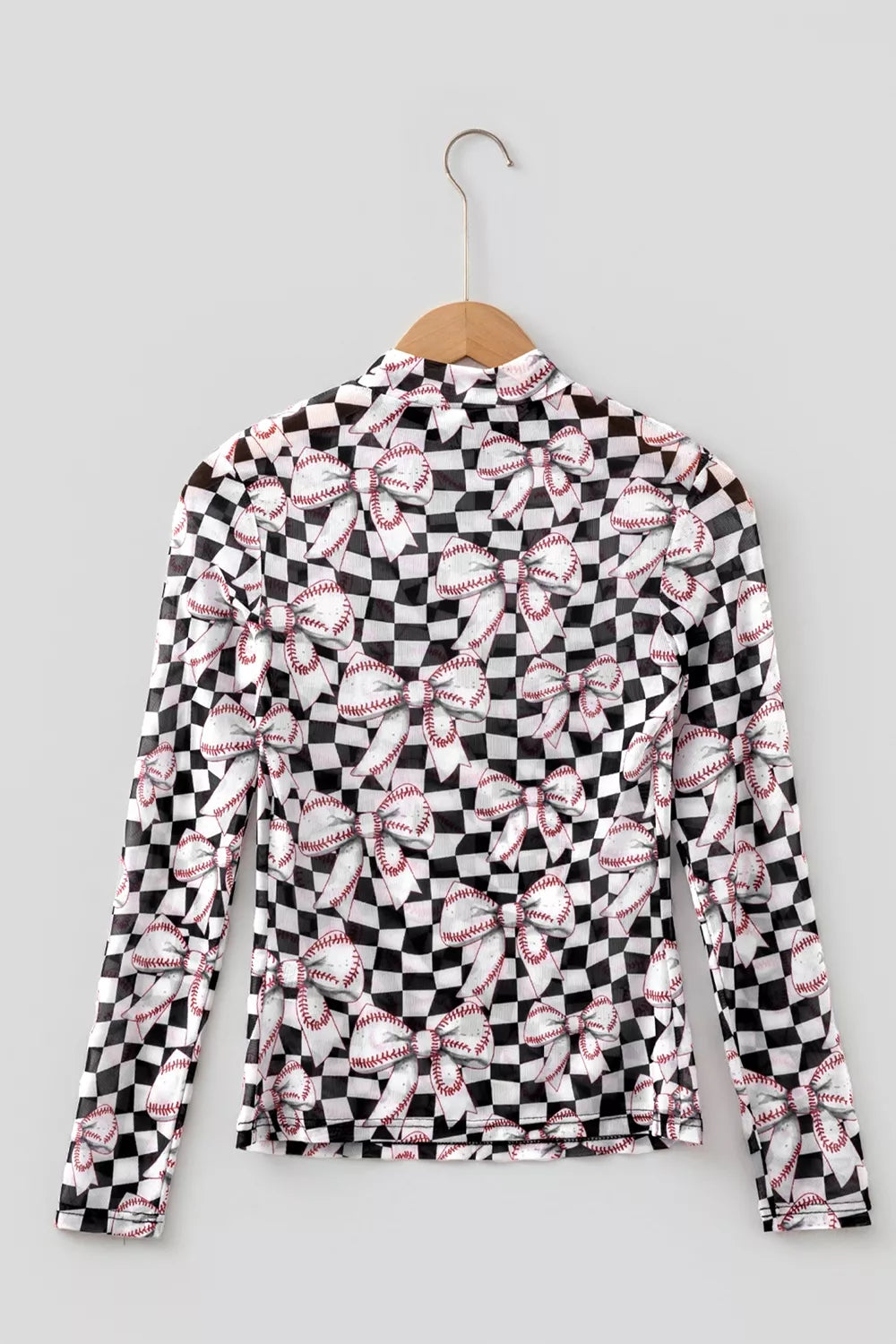 Checkered Baseball Bow Print Mesh Top in Black, close-up detail