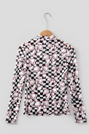 Checkered Baseball Bow Print Mesh Top in Black, close-up detail
