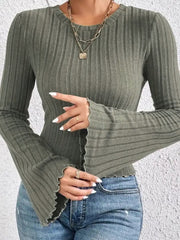 Army green ribbed knit top with scalloped cuffs and long sleeves.