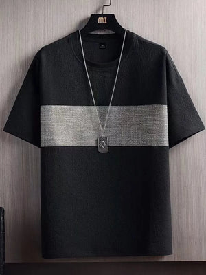 Textured black t-shirt with a gray stripe and round neck