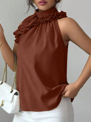 Ruffled high neck sleeveless top in red, black, apricot, or brown.