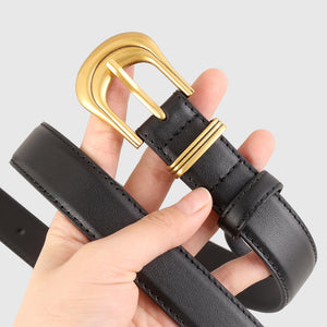 Black cowhide leather belt with gold buckle and double keeper detail.