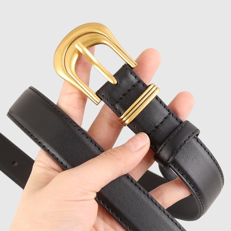 Black cowhide leather belt with gold buckle and double keeper detail.