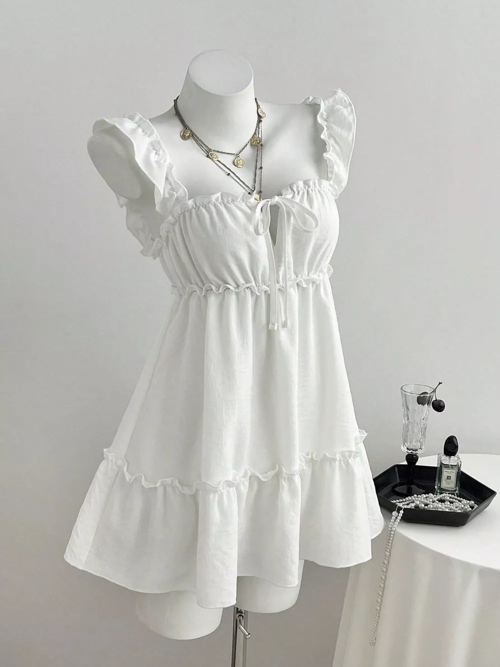 Frill Tie Front Mini Dress, model styling view