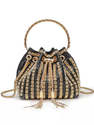 Black and gold rhinestone mini crossbody bag with chain detail and tassels.