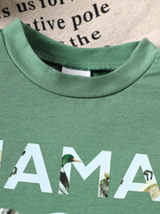 Green cotton blend baby tee with Mama's Boy graphic and duck images.
