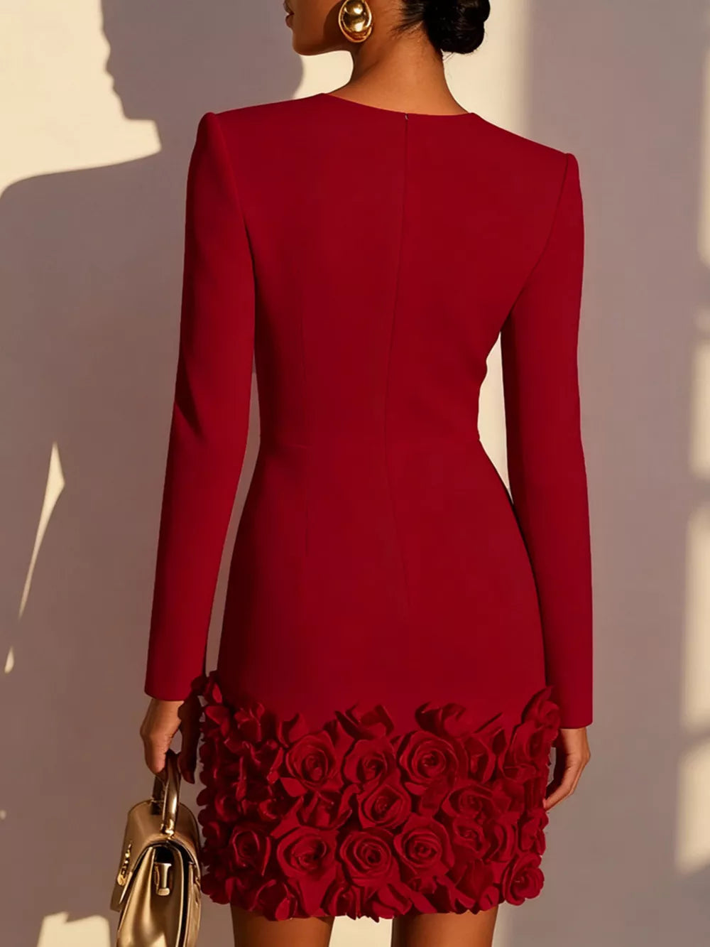 V-neck Mini Dress With Rose Embellishment in Burgundy, product detail