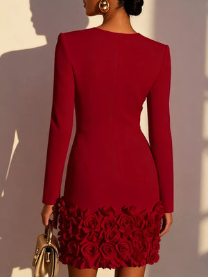 V-neck Mini Dress With Rose Embellishment in Burgundy, product detail