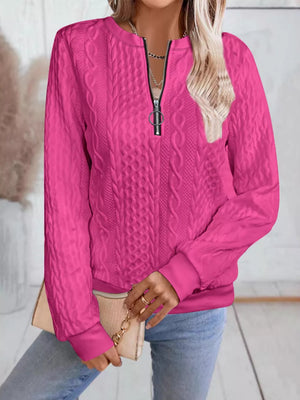 Chic Cable Texture Quarter-zip Sweatshirt in Blue, fit detail