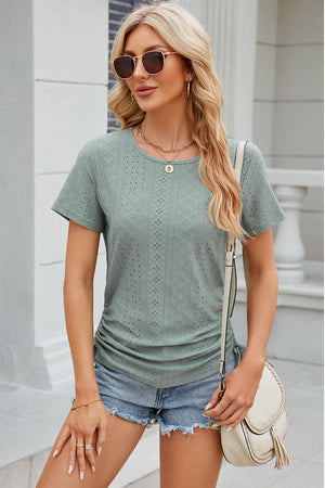 Light Green perforated tee with gathered sides and crew neck.