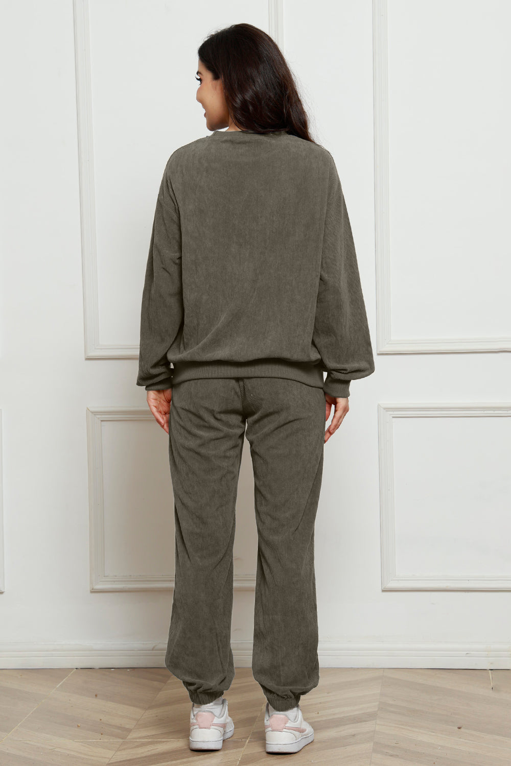 Dark Gray corduroy lounge set with crewneck sweatshirt and jogger pants.