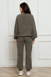 Dark Gray corduroy lounge set with crewneck sweatshirt and jogger pants.