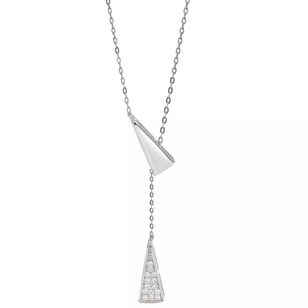 Sterling silver Y necklace with two cone pendants, one with pave crystals.