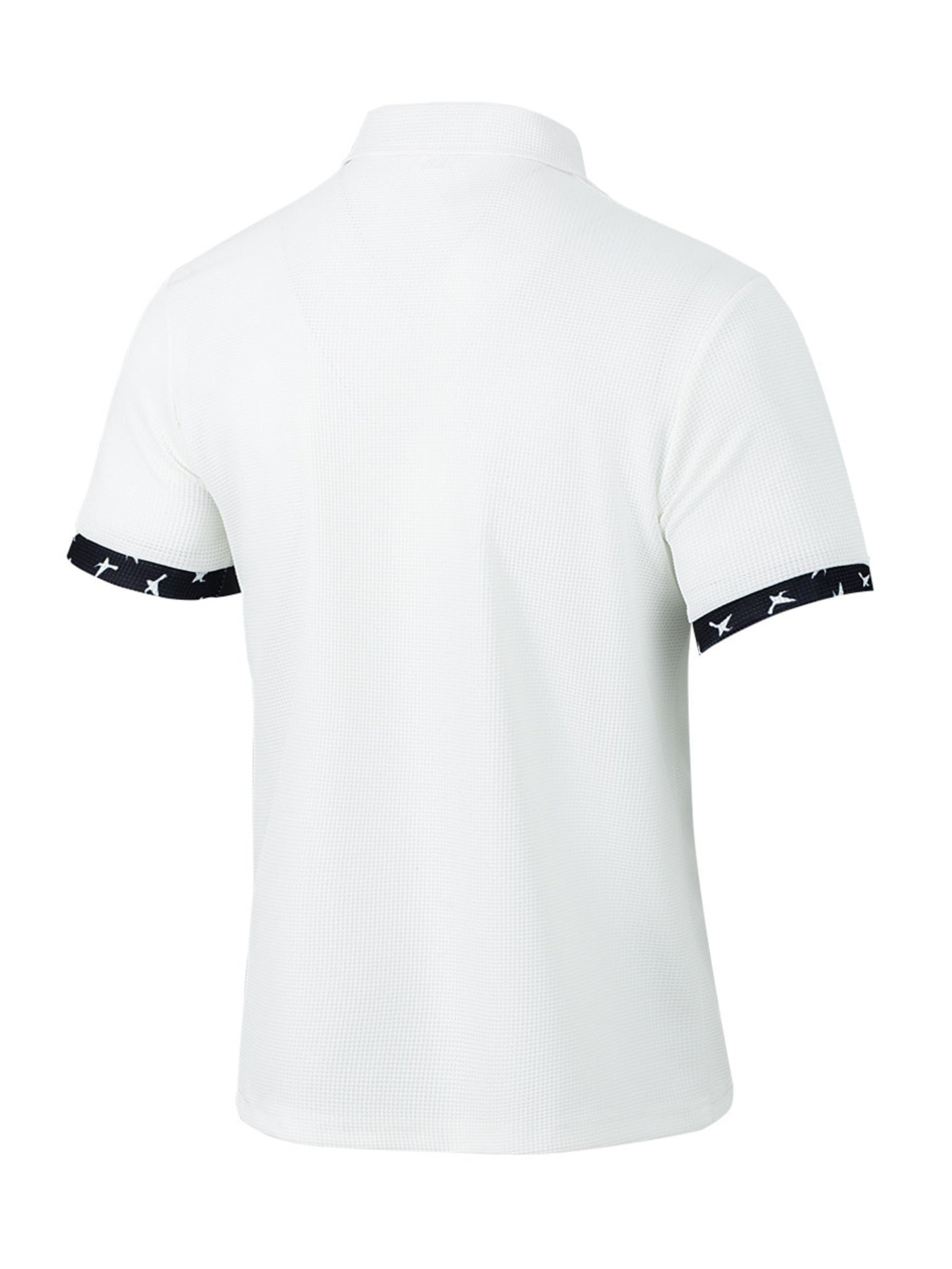 White waffle textured short sleeve polo with dark trim on sleeves