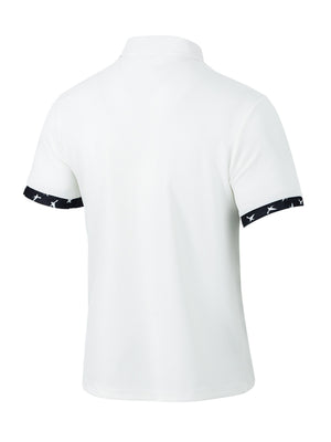 White waffle textured short sleeve polo with dark trim on sleeves