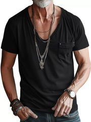 Men's Full Size V-neck Pocket T-shirt in Black, front view