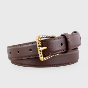 Textured buckle leather belt in brown with a gold buckle detail.