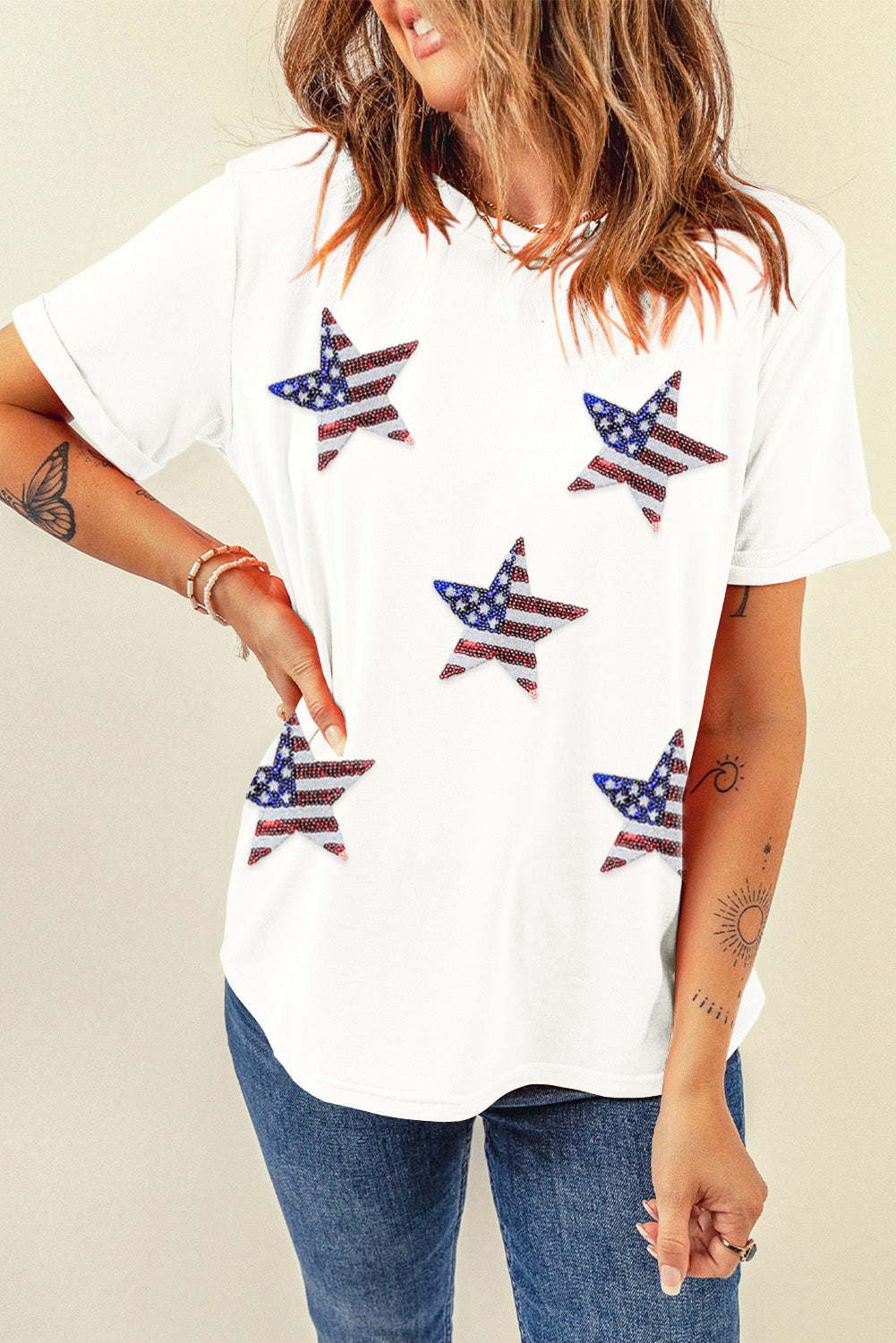 White cotton t-shirt with sequin American flag stars, short sleeves, crew neck.