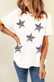 White cotton t-shirt with sequin American flag stars, short sleeves, crew neck.
